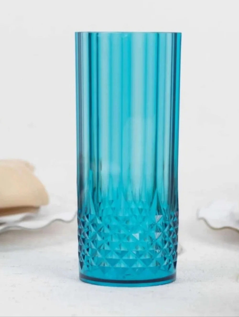 6 Transparent Crystal Cut  Highball Plastic Tumblers Set  6 Ocean Blue 14oz.